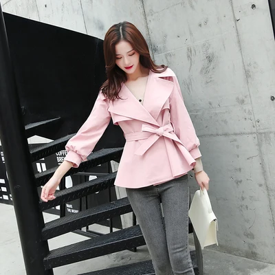 pink y9 Весна Осень женский 2XL короткий параграф универсальная ветровка пальто шнуровка тонкий похудение двубортный девять очков sleevey9 - Цвет: pink y9