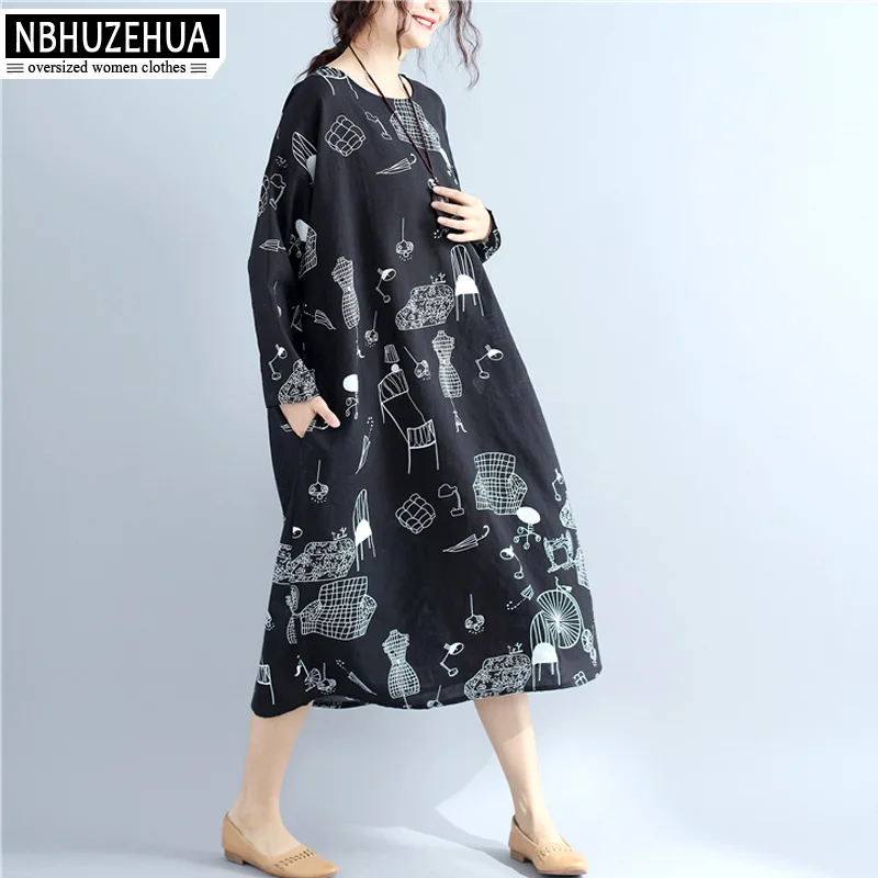 Женское длинное платье с круглым вырезом NBHUZEHUA черное принтом 7G298 4XL 5XL 6XL размера