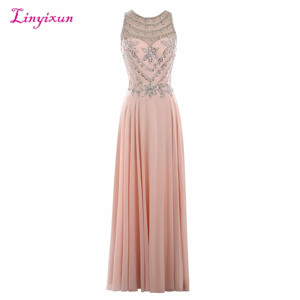 Розовое длинное платье Linyixun с блестками и бусинами на молнии|prom dresses 2017|prom dresseslong