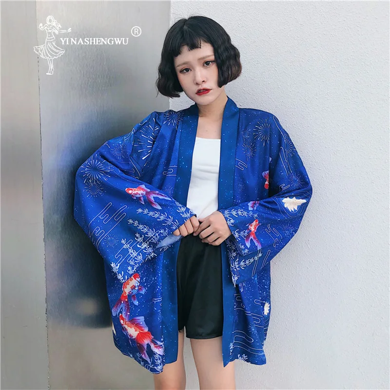 Blue Кимоно для косплея Haori с принтом золотой рыбки, кимоно, кардиган, верхняя одежда, Солнцезащитная блуза, Harajuku, Азия, японская традиционная юката для женщин - Color: Blue