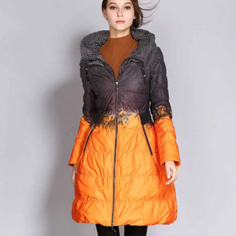 Chaqueta mujer тонкий модный принт контрастная юбка Зимний пуховик для женщин 2018