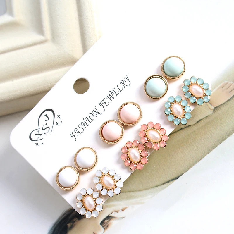 Женские серьги с ушками белого синего и розового цвета 6 паров/компл..|ear nail|set