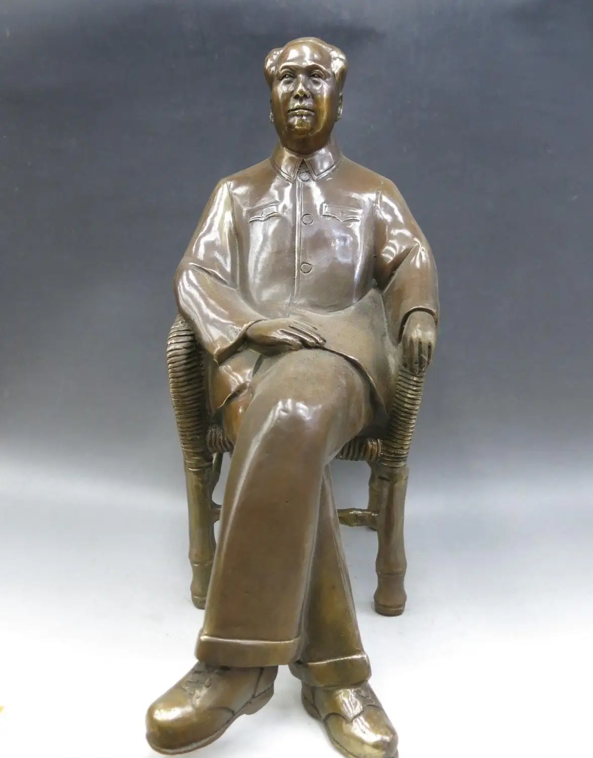 

14" China brass carved fine lucky Mao Zedong sculpture cane chair Statue