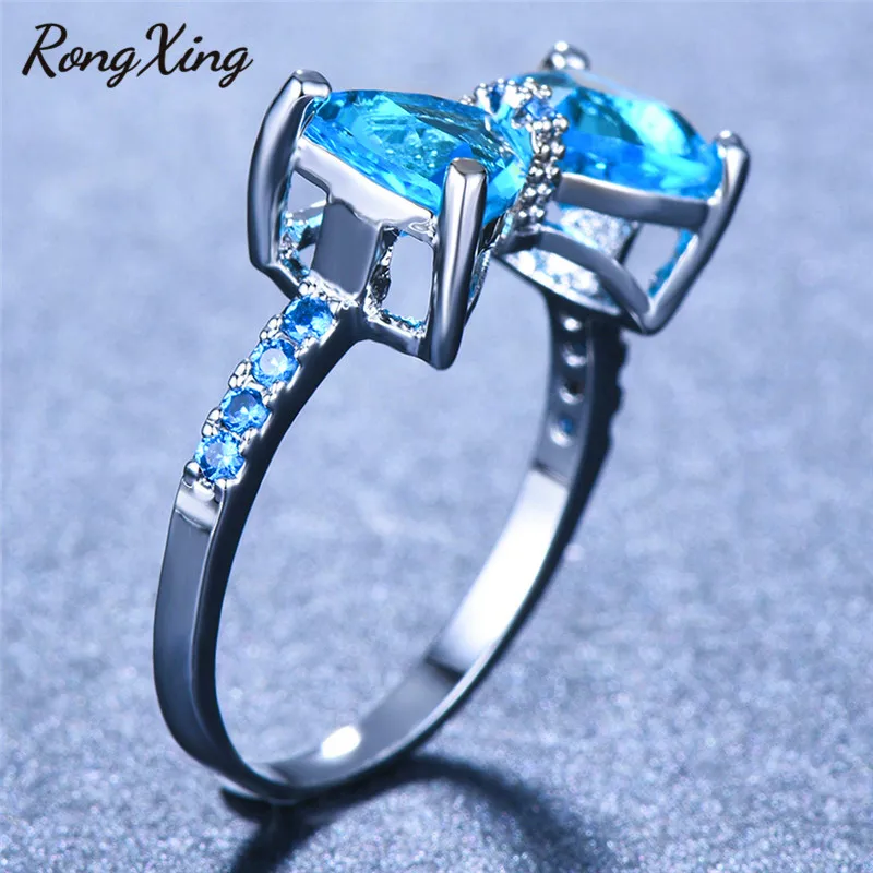 Женские обручальные кольца RongXing с милым бантиком и голубым цирконием серебряное