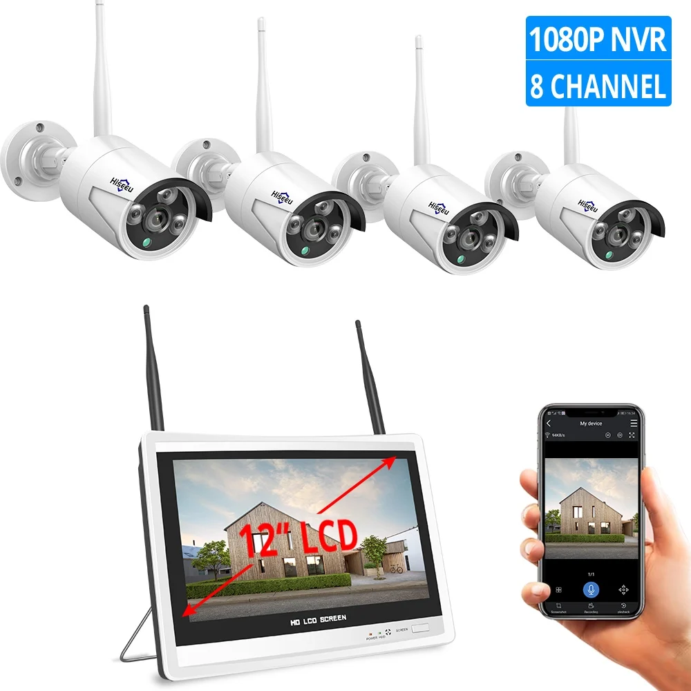 8CH LCD NVR 4 Cams 1080P 8CH беспроводная камера видеонаблюдения системы безопасности H.265 12 дюймов ЖК-экран NVR wifi уличная IP камера 2MP 1T HDD - Цвет: 8CH LCD NVR 4 Cams