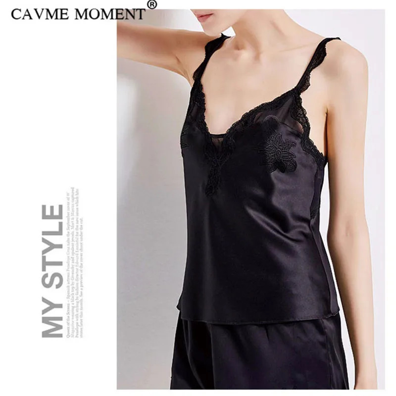 CAVME Luxury Silk Pajama Sets Women Ladies's Lace Spaghetti Strap Shorts Sleepwear Solid Color Black 2 Pieces Homewear for 135G