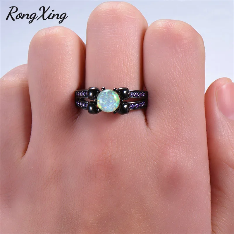 RongXing Круглый Белый огненный опал кольца с черепом для женщин черное золото заполнены фиолетовый/красный/синий/зеленый циркониевый камень кольцо в стиле панк; бижутерия