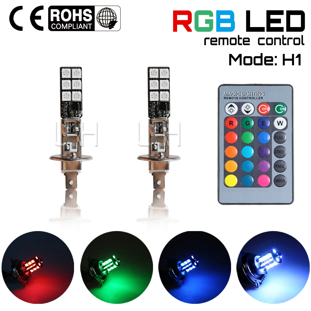 2 шт H1 RGB Противотуманные фары 5050 12SMD 12LED дневного Бег огни с Дистанционный пульт