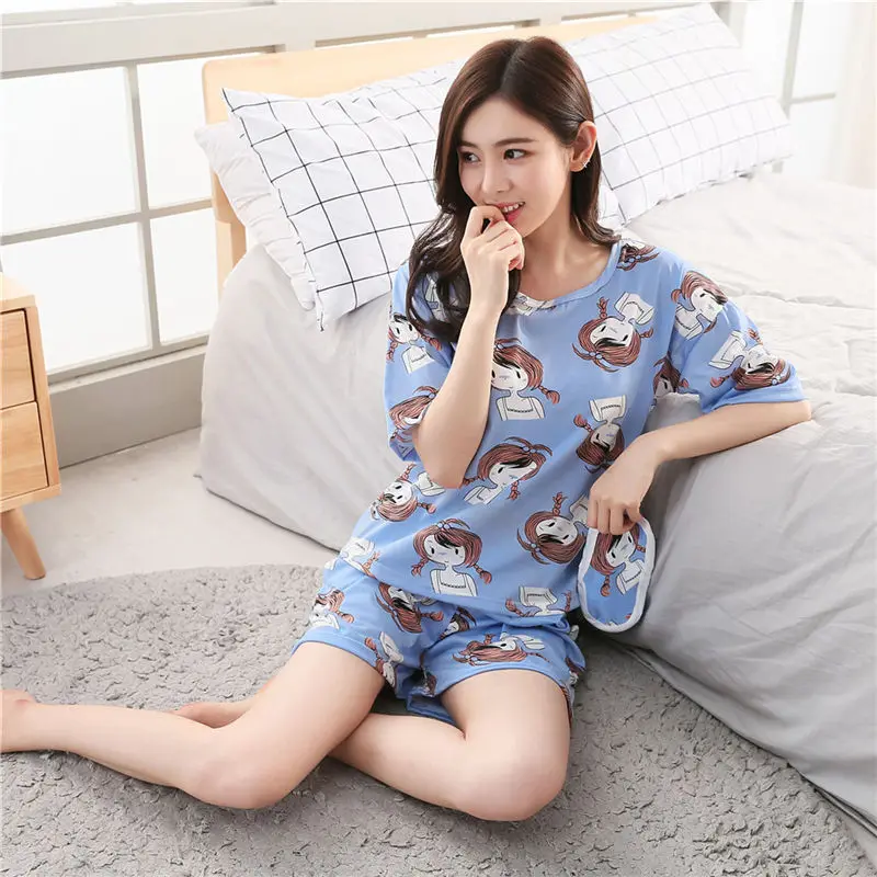 Womens Pajamas Sets Short-Sleeve Shirt And Waist Shorts Pajama Set All Above Cartoon Print Casual 2018 Summer Sleepwear Homewear | Женская