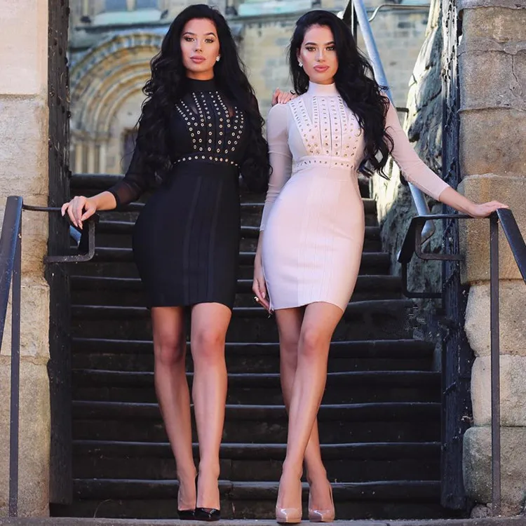 2018 Бандажное платье с длинным рукавом короткое Женское боди голубое черное