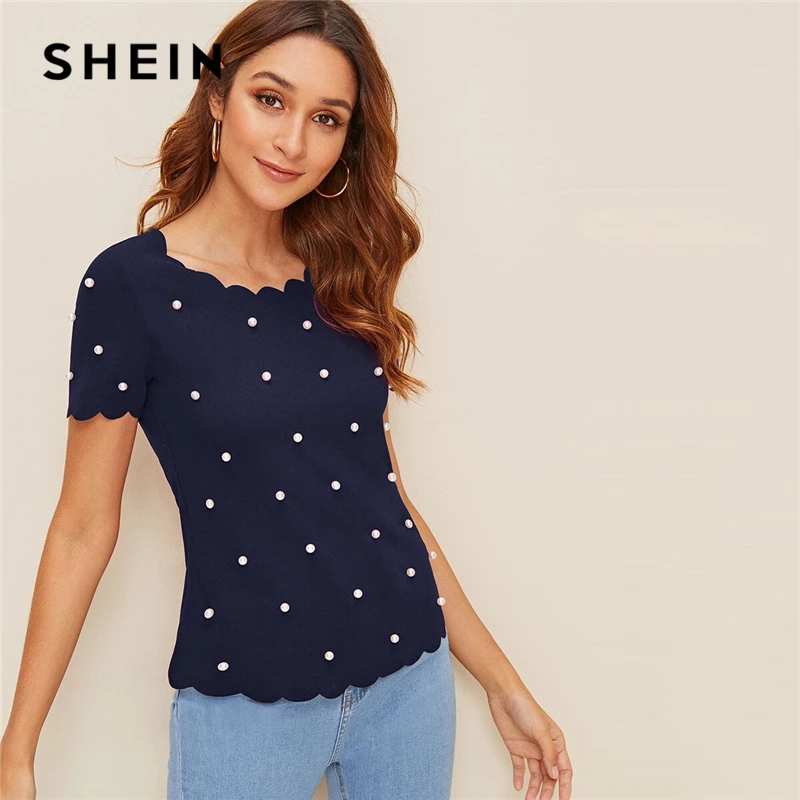 SHEIN модный топ, украшенный жемчугом, с фигурной отделкой,, однотонный, элегантный, облегающий, летний, короткий рукав, женская одежда, топы и блузки