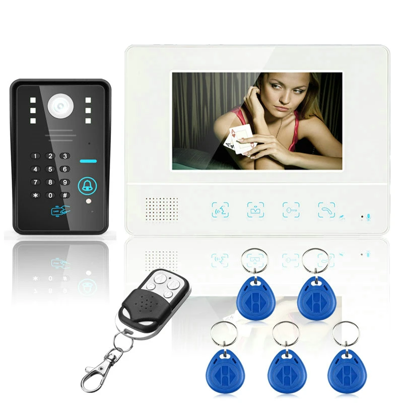 

Free Shipping! Wired Touch Key 7" Video Door Phone Intercom System 1 RFID Keypad Code Number Doorbell Camera 1 Monitor 1000TVL