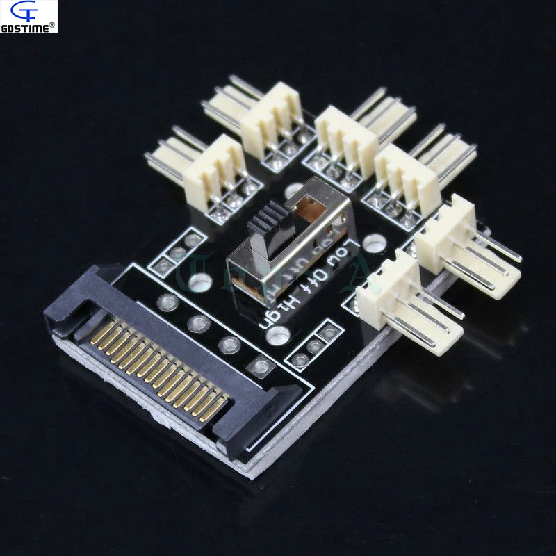 

1PCS Gdstime 15Pin SATA to 6-Way Fan 3Pin Socket Adapter Converter 7V 12V Switch Hub Splitter with 3M tape
