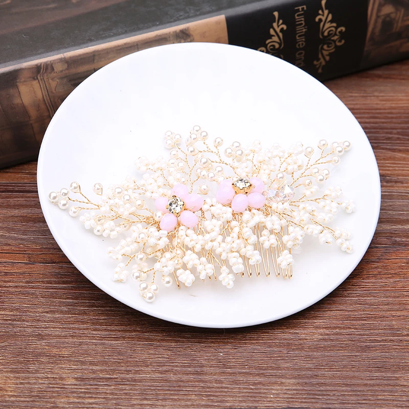 Жемчужная расческа для волос ручной работы с розовыми бусинами и цветами