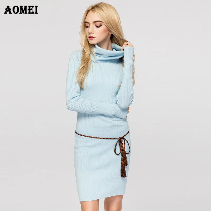 Turtle Neck Women Sweater Dress 2019 Long Sleeves Fashion Gray Solid Elegant Knitted Dresses Tight Classy Casual Warm Sweaters | Женская