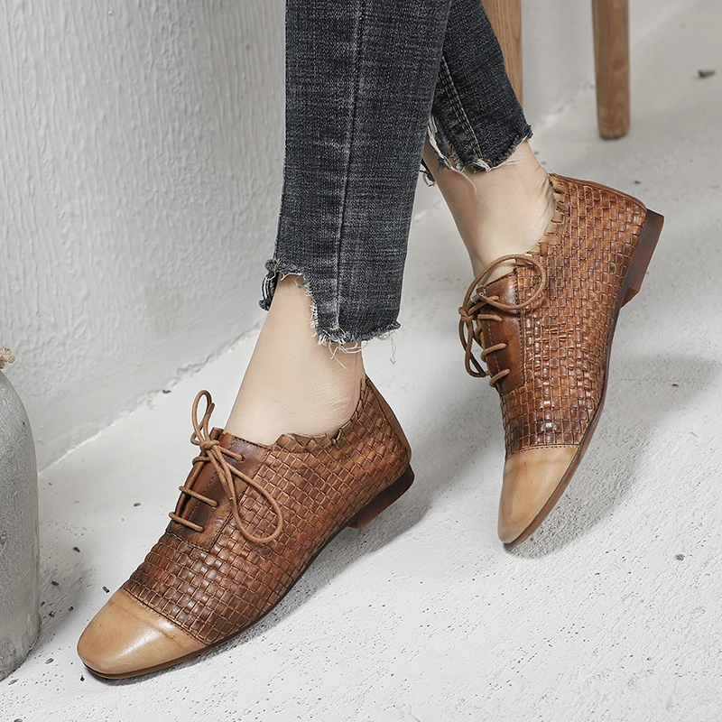 Woven Shoes Woman Latest Design Female Colorful Flat Shoes Hand-Painted Lace-Up Lady Casual Shoes Square Toe Footwear