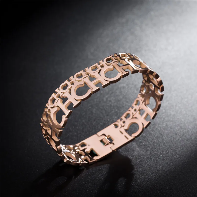 Высокое качество, розовое золото, нержавеющая сталь, браслет, двойной слой, CH, выдалбливают буквы, дизайн, для женщин, мужчин, браслет, ювелирное изделие