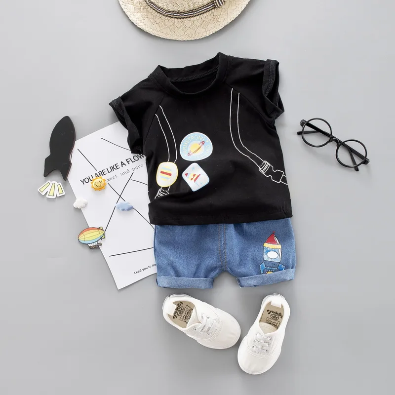 Rocket Boys Clothes Summer Clothing Set Short-Sleeve O-Neck T Shirt + Short Jeans Suit Children Outfit 1 2 3 4 Years | Детская одежда и