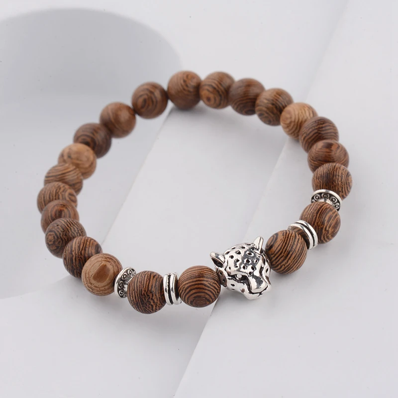 Men's Strand Bracelets Elastic Band Leopard head Wooden Beads Silver Color Buddha Beaded | Украшения и аксессуары