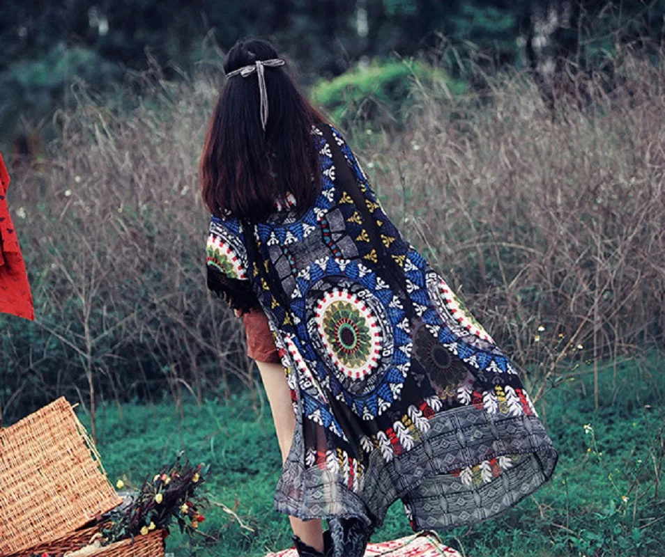 

2017 Summer New Women Europe and America Embroidery Long Kimono Printed Chiffon Sun Protection Chiffon Beach Cardigan