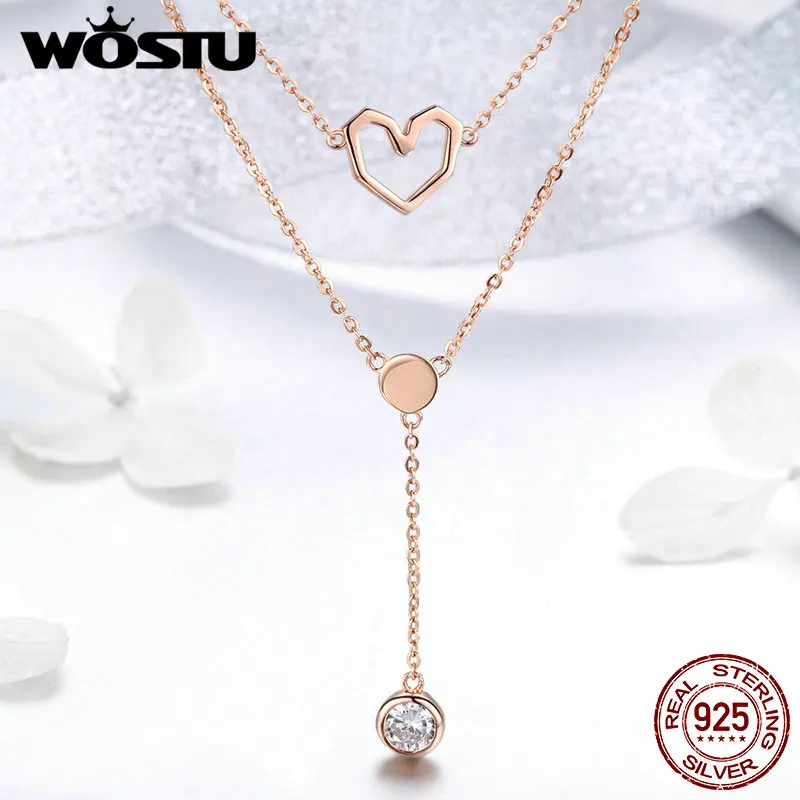 Женское ожерелье с двойной цепочкой WOSTU из розового золота сердечком и цирконием