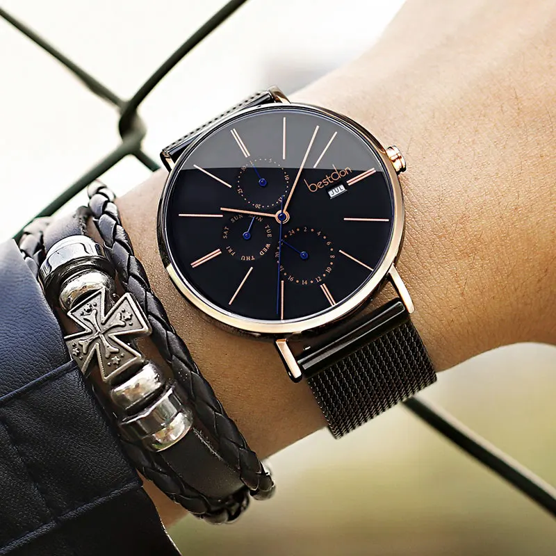 Rose gold-black Bestdon роскошные мужские наручные часы импортные Кварцевые водонепроницаемые тонкие часы из нержавеющей стали месяц недели Лидирующий бренд мужские стили Горячая Распродажа - Цвет: Rose gold-black