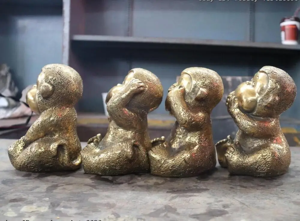 7Chinese Folk Brass Copper Home Fengshui lovely Four Monkey Monkeys Statue Set | Дом и сад