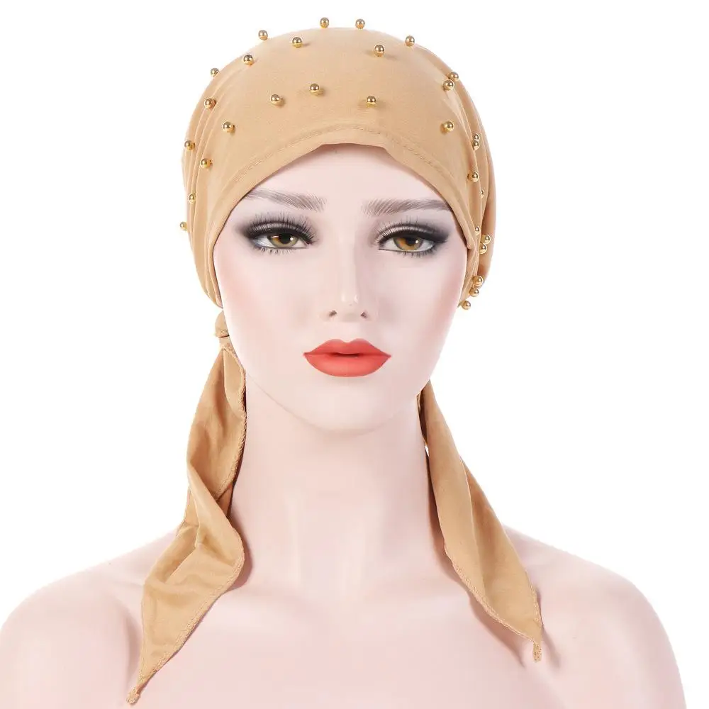 Muslim Beading Hijabs Islamic Turban Headscarf Long Tail Bandanas Hair Loss Hat Stretch Arab Chemo Cancer Cap Wrap Bonnet Beanie |