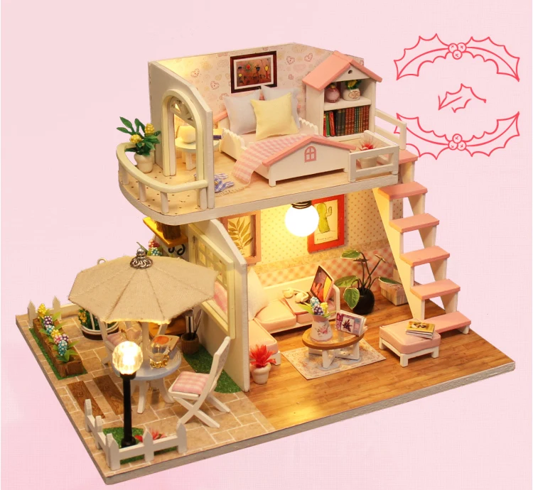 Розовый Лофт DIY Миниатюрный Кукольный домик светодиодный светильник мебель 3D деревянная модель кукольного домика Игрушки для девочек подарок+ инструменты(S0