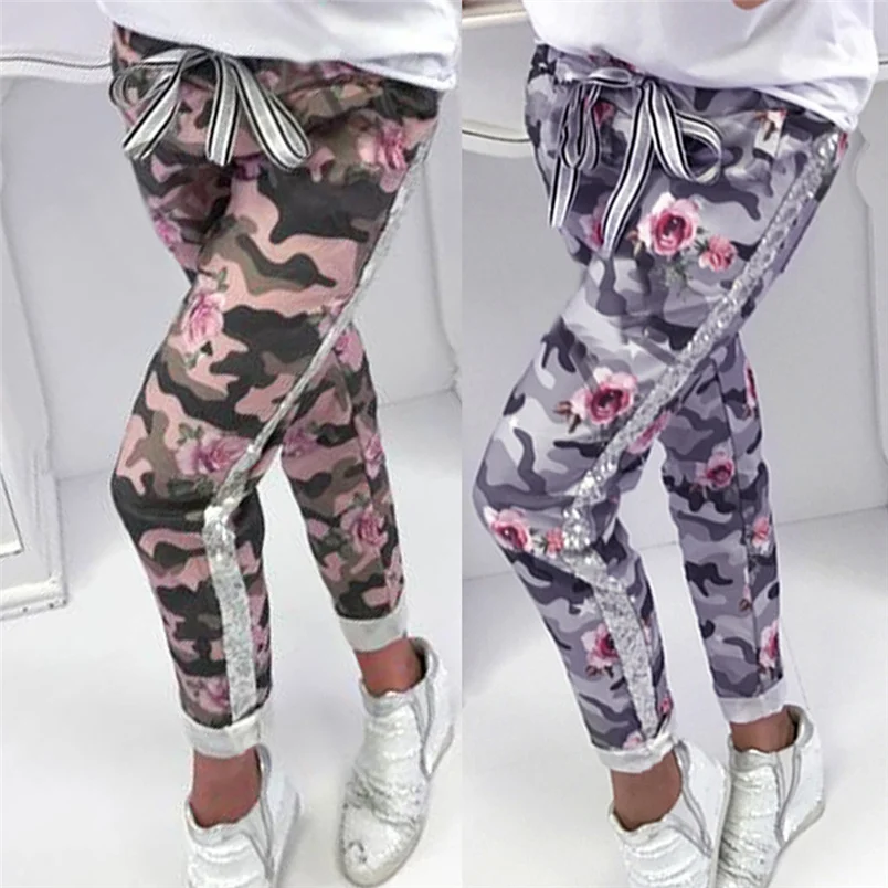 Модные женские брюки 2019 Новое поступление удобные с блестками Камуфляжный принт