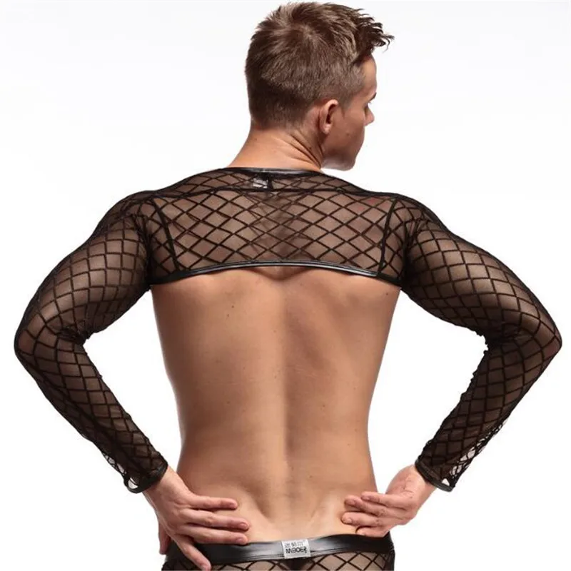 Мужская сексуальная рубашка с длинным рукавом дышащая сетчатая футболка