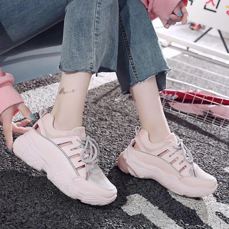 Ажурная женская обувь Sneakerss новинка 2019 года летняя в Корейском стиле на толстой
