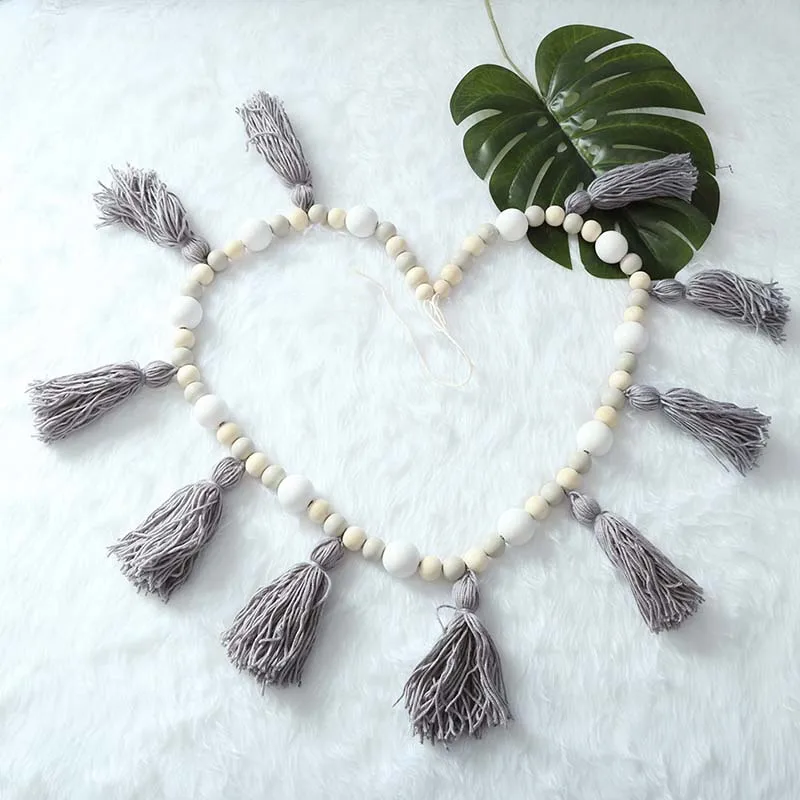 gray with gray bead 1,5 м INS, скандинавские деревянные бусины в виде макаруна, Висячие с кисточкой, декоративный навес для детской комнаты, кроватки, палатки, бампера, аксессуары, постельное белье - Цвет: gray with gray bead