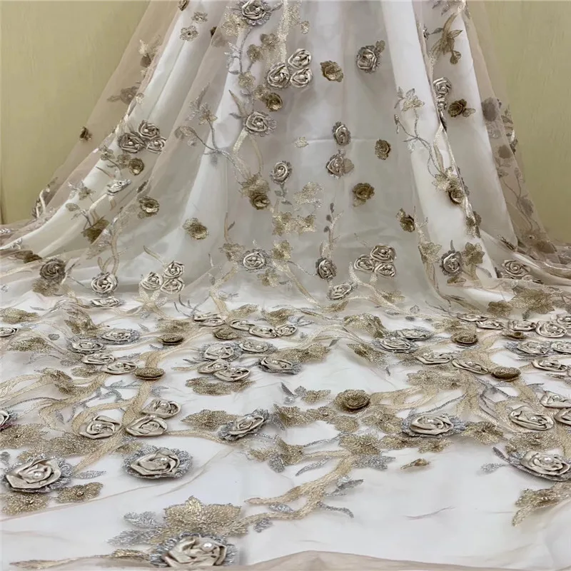 HFX Luxury Nigeria Elegant Gold African Net Lace High Quality Beads French Fabric 3d Appliques Tulle Mesh X1343 | Дом и сад