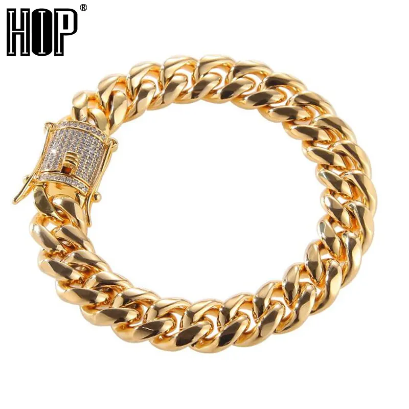 Хип-хоп, Мужская цепочка, рок браслет, Bling Iced Out, стразы, застежка, золотой цвет, нержавеющая сталь, кубинская цепочка, браслеты, ювелирные изделия