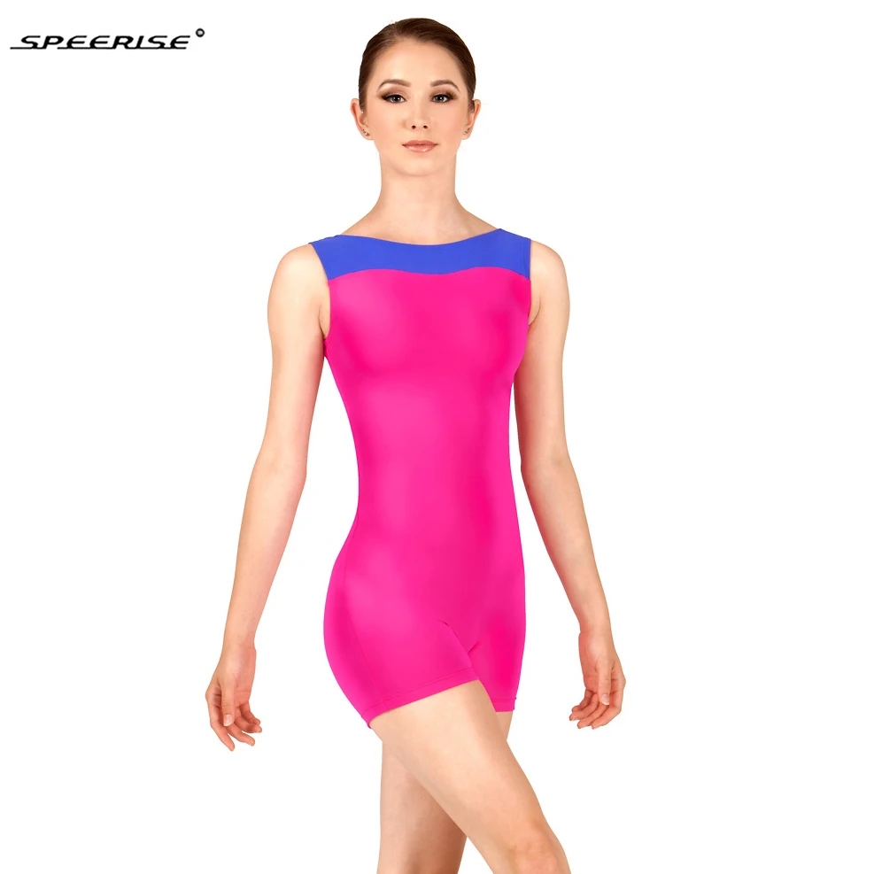Взрослый Boatneck Цвет Блок короткий Biktard Танк Unitard для женщин плюс Размер лайкра