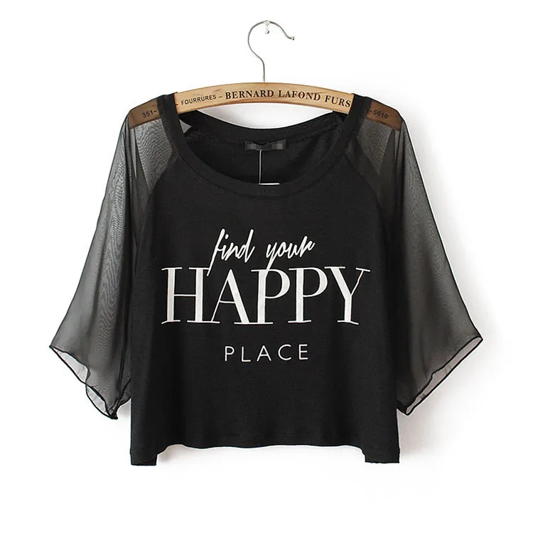 HAPPY alphabetical mesh sleeve T-shirt | Женская одежда