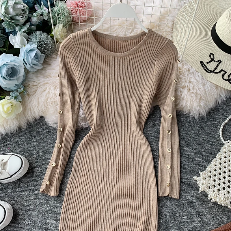 Gagarich Women Dress Autumn Winter New Elegant Korean Solid Color Split O-neck Long Sleeve Stretch Ladies Dresses Vestidos