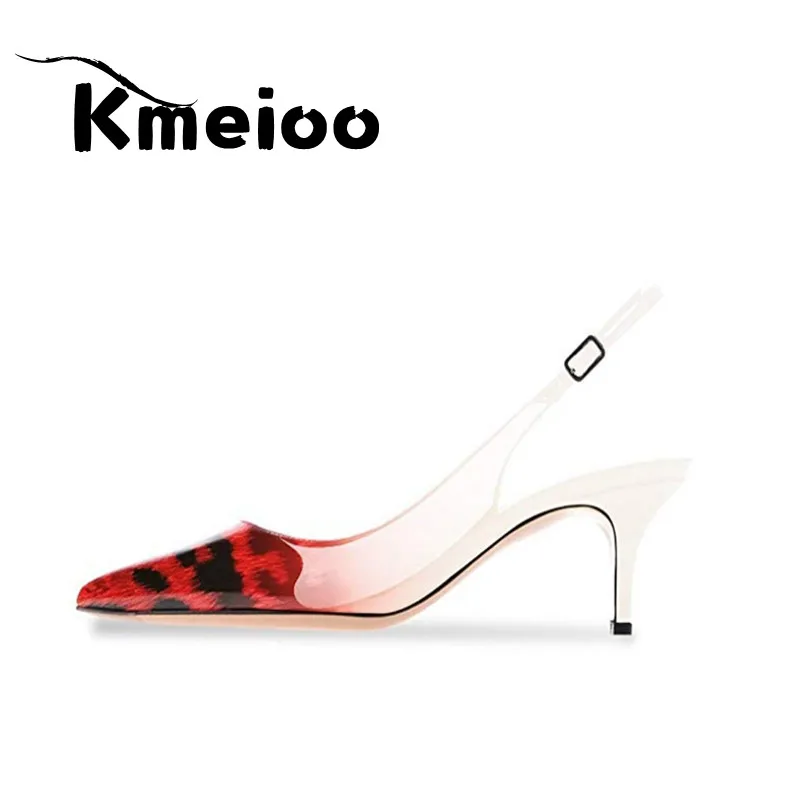 Leopard Red-patent Kmeioo/пикантные женские туфли-лодочки с леопардовым принтом на тонком каблуке, женская обувь для вечеринок, Брендовые женские туфли-лодочки с острым носком и ремешком на щиколотке, большие размеры - Цвет: Leopard Red-patent