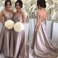 dusty pink bridesmaid dresses 2020 deep v neck a line satin floor length long maid of honor dresses wedding guest dresses