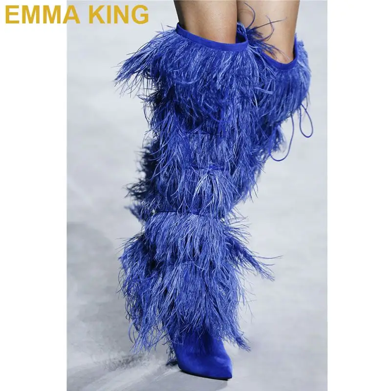 Женские модельные Сапоги выше колена зимние сапоги с перьями и острым носком