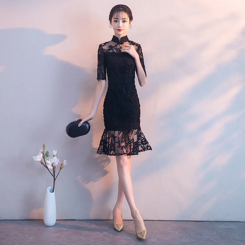 Черный короткое Кружевное платье традиционное китайское платье Qipao женские вечерние платья Винтаж Cheongsam Для женщин свадебное платье с разрезами по бокам и воротником-стойкой современный