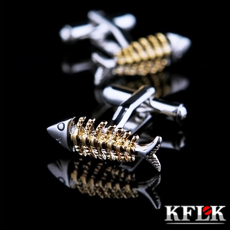 Мужская запонка KFLK золотистая в форме рыбьей кости на пуговицах|cufflinks design|shirt