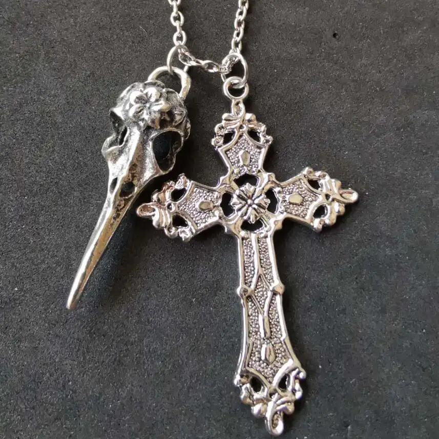 Крест и череп птицы ожерелье с подвеской в виде головы подвески Цепи Wicca