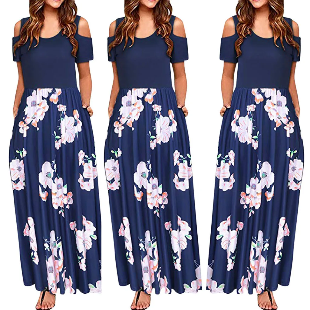 Women Cold Shoulder summer dress Pocket Floral Print Elegant Maxi Short Sleeve Casual dresses woman party night vestidos verano | Женская
