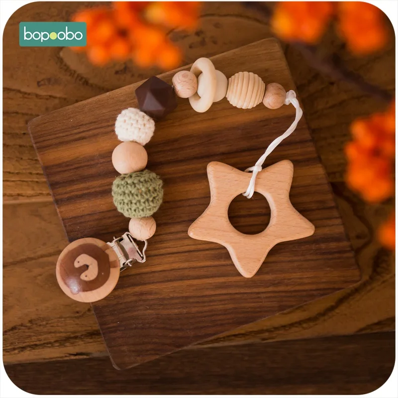 Start Pacifier Clip Bopobo/1 шт., от 0 до 12 месяцев, для новорожденного ребенка, натуральное дерево, Мультяшные животные, прорезыватели, кольца, соска, цепь, прорезыватель, вязанные крючком Силиконовые Бусины - Цвет: Start Pacifier Clip
