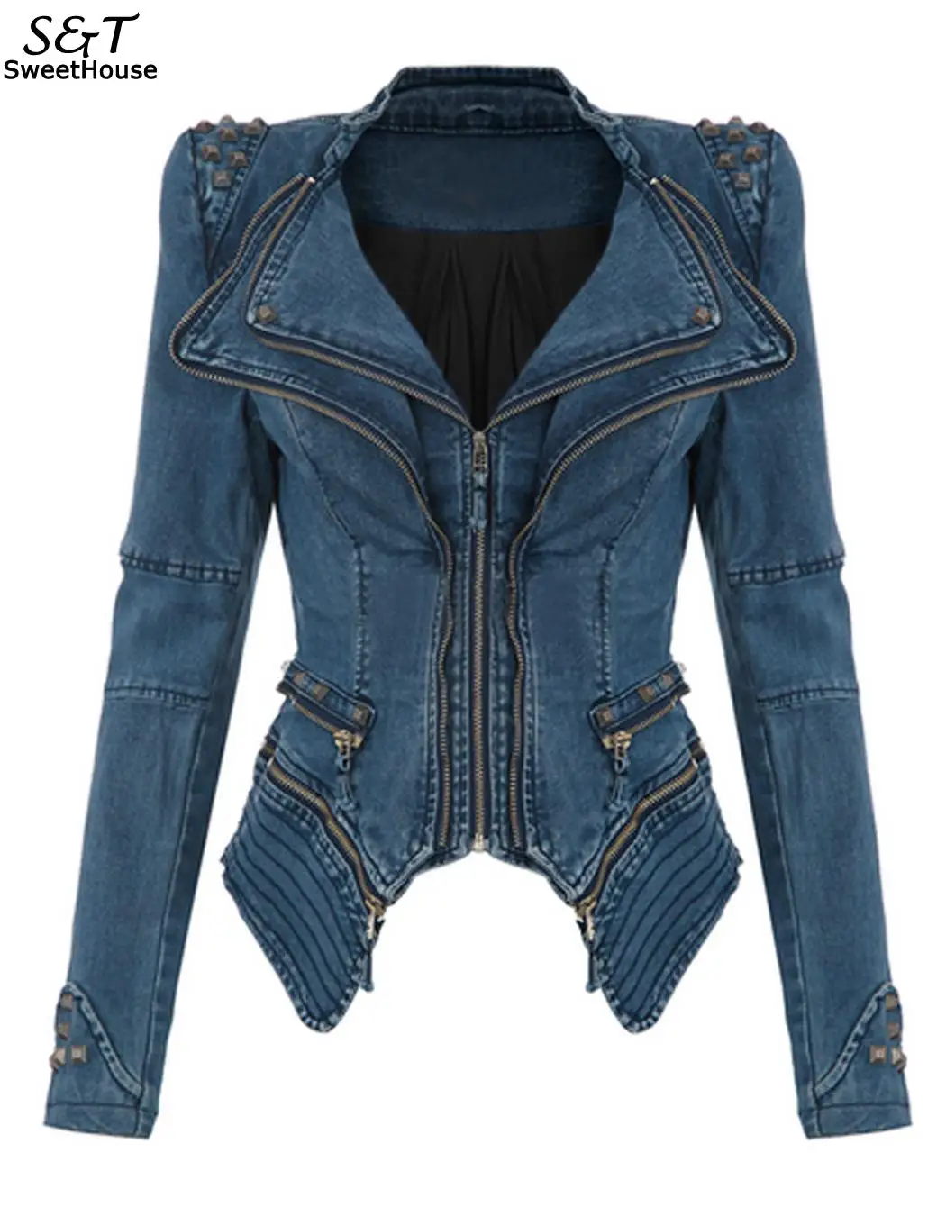 Blue FANALA куртка для женщин пальто мощное острое шипованное плечо Veste Femme зубчатый лацкан джинсовая куртка, смокинг пальто куртки - Цвет: Blue