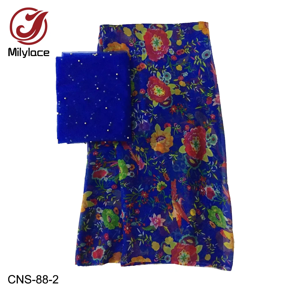 

2019 100% Real Silk Fabric with floral printing chiffon 5 yards+African Tulle Lace Fabric 2 yards for lady`s dresses CNS-88