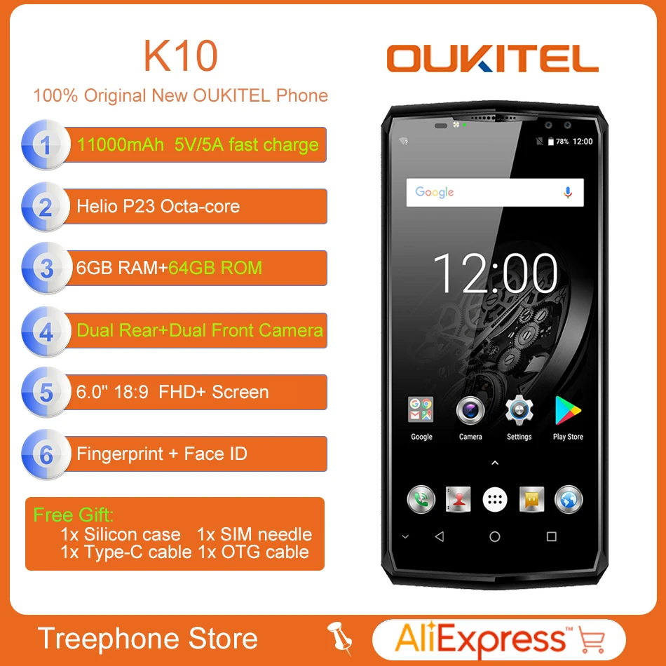 Oukitel K10 Восьмиядерный отпечатков пальцев + Face ID 4 камеры смартфона 6 64 ГБ телячьей