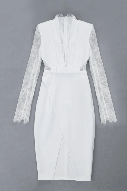 

Top Quality White Long Mesh Sleeve V-neck Fashion Dress Party Open Fork Dress